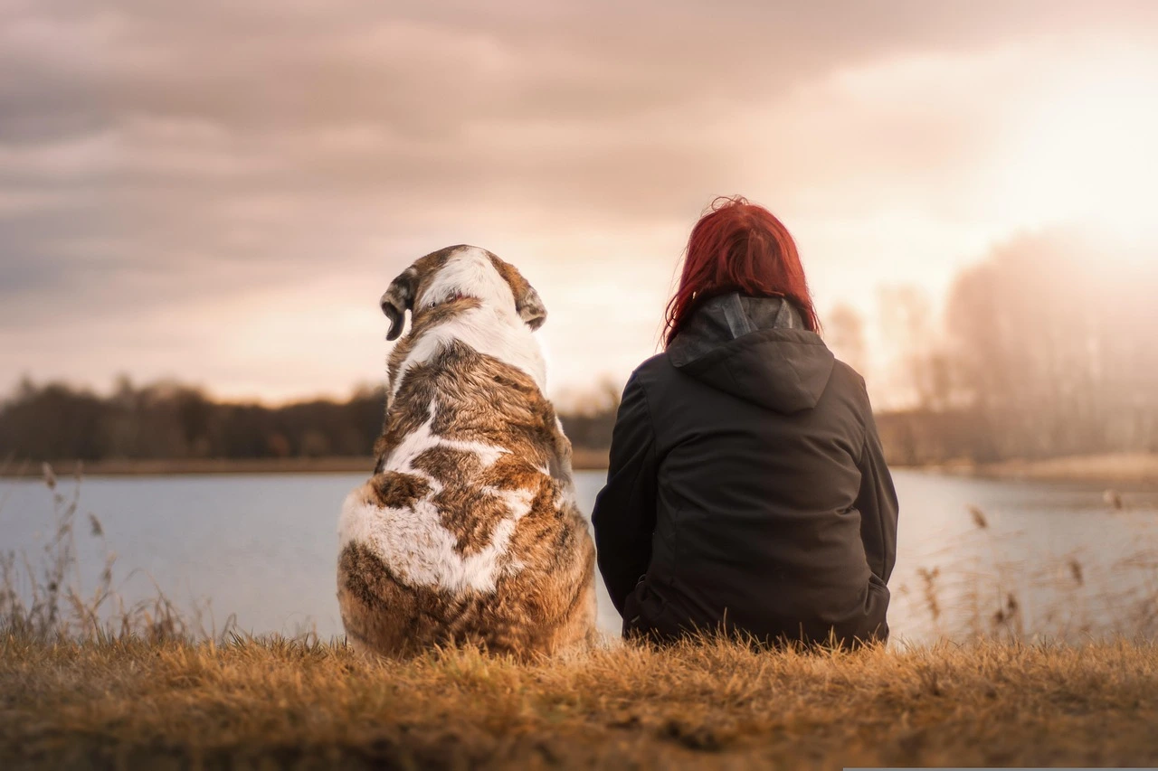 A happy woman with a cross-breed dog